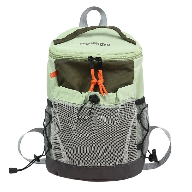 Japanese style nylon waterproof backpack in blue with fold detail and curved shoulder straps