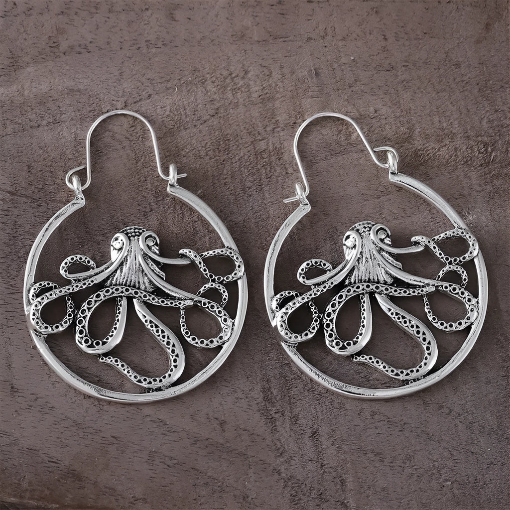 Vintage octopus earrings in antique silver finish with detailed animal zodiac design