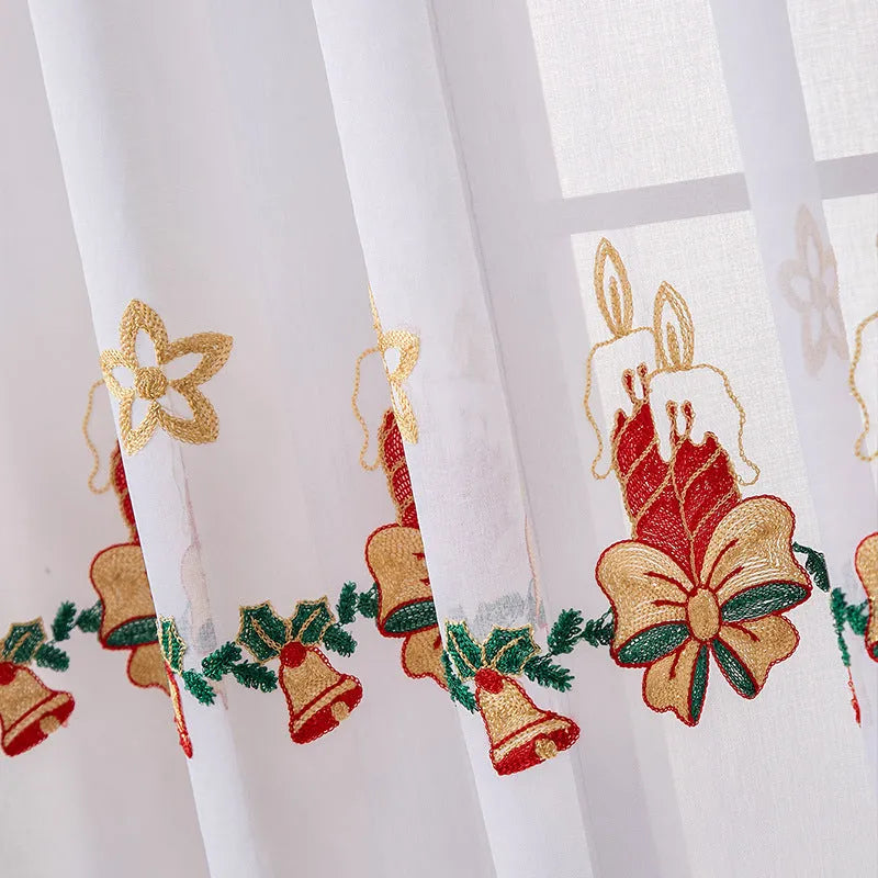 Pair of American-style Christmas curtains with white snowflake embroidery on red fabric, hanging as a semi-sunshade window covering.