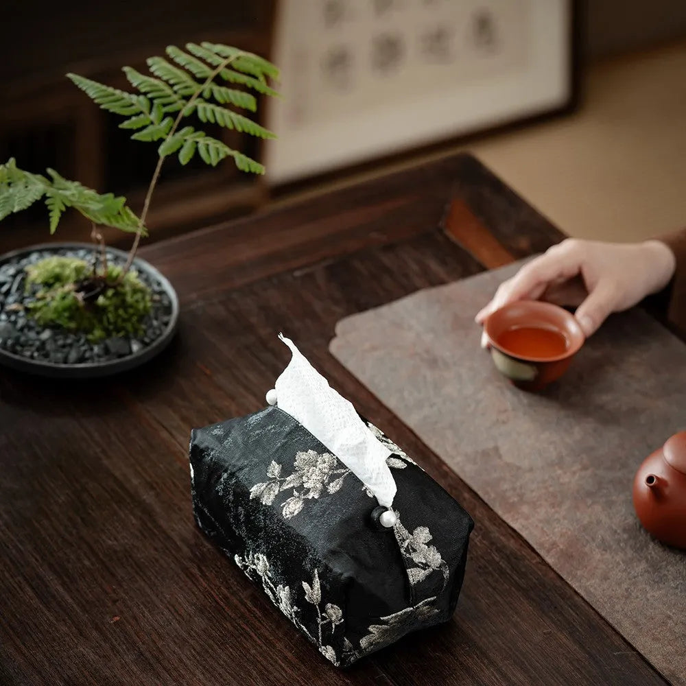 Chinese brocade fabric tissue box with embroidery white plum design, approximately 17cm x 6.5cm x 10cm