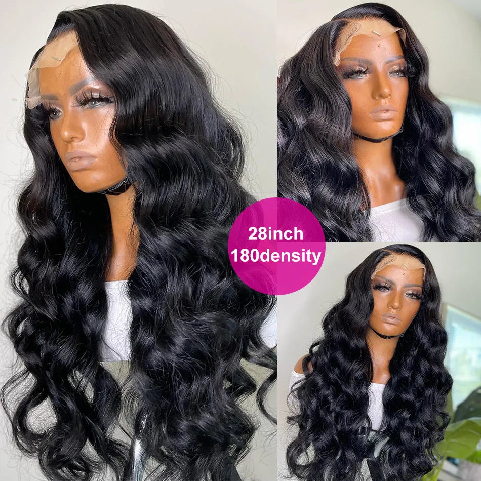 Black synthetic front lace wig with long curly hair and side bangs shown at 30 inch length