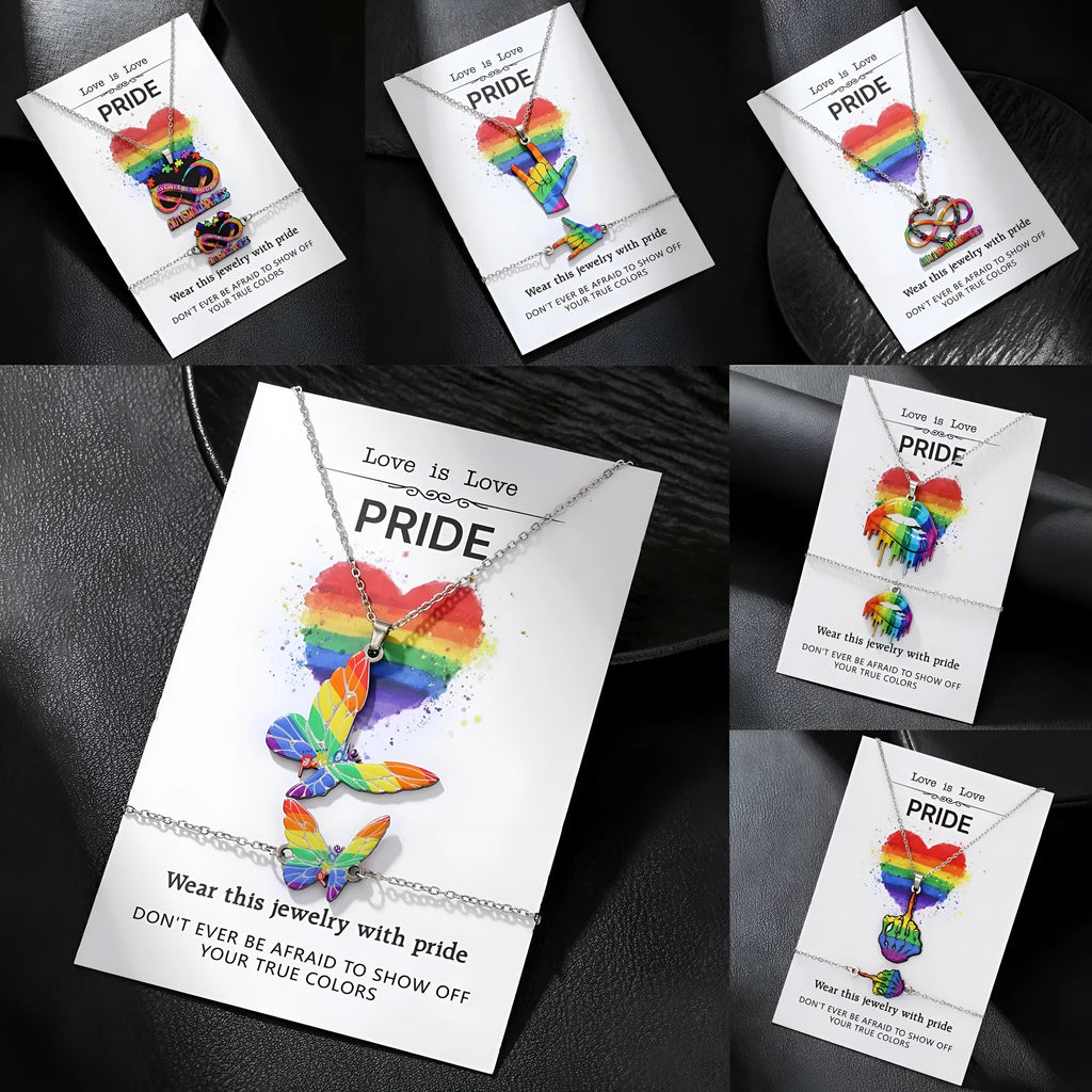Stainless steel necklace and bracelet set with colour printed inspirational designs