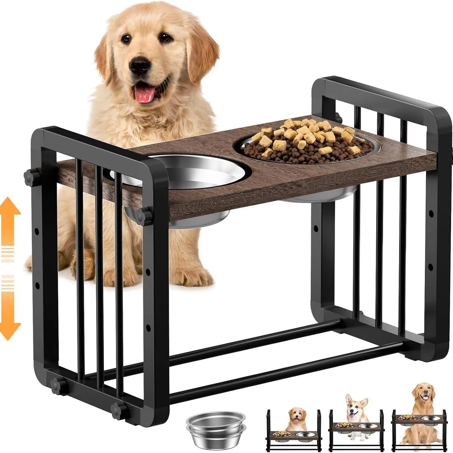 Black solid wooden non-slip stand for elevated dog food and water bowls