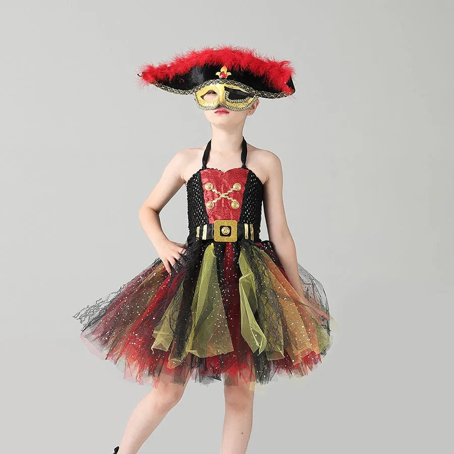 Girls Pirates Of The Caribbean Halloween costume dress with sequin mesh design and sleeveless cut