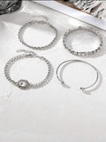 Women's retro geometric square diamond four-piece bracelet set in gold or silver alloy