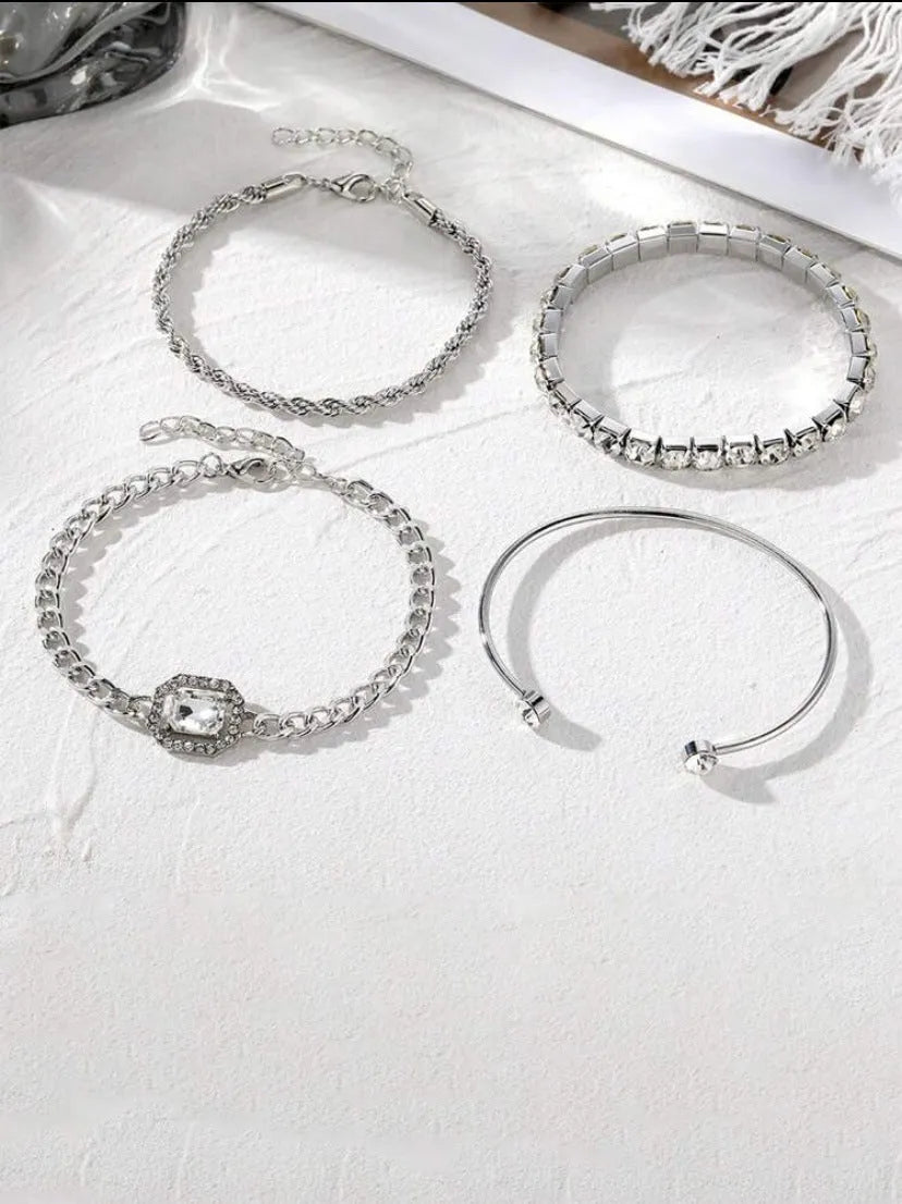 Women's retro geometric square diamond four-piece bracelet set in gold or silver alloy