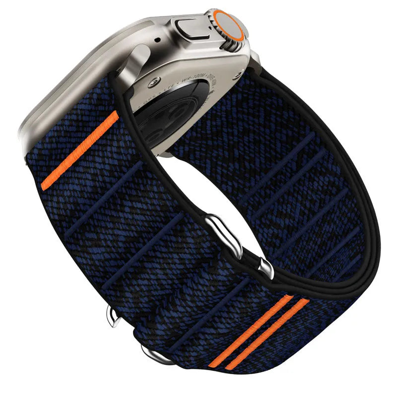 Elastic nylon sport loop strap with stainless steel buckle for Apple Watch, shown in multiple colour options.