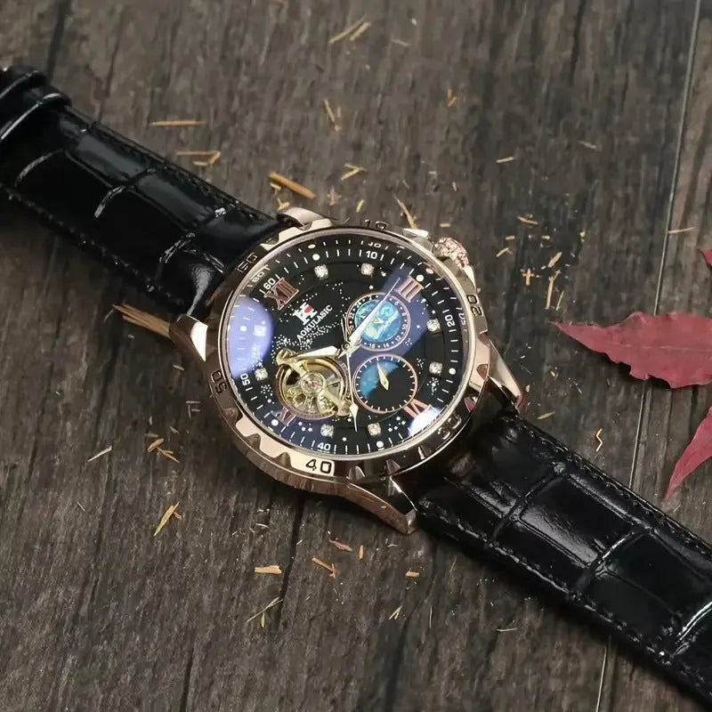 Men's black and rose gold automatic watch with a skeleton dial and leather strap.
