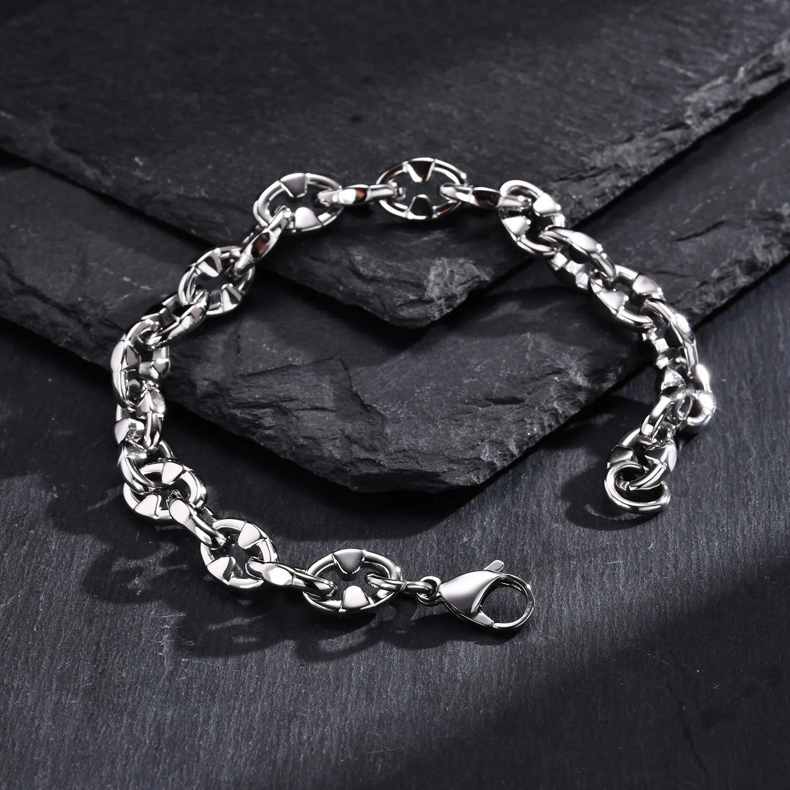 Stainless steel thick chain bracelet with geometric links and polished finish