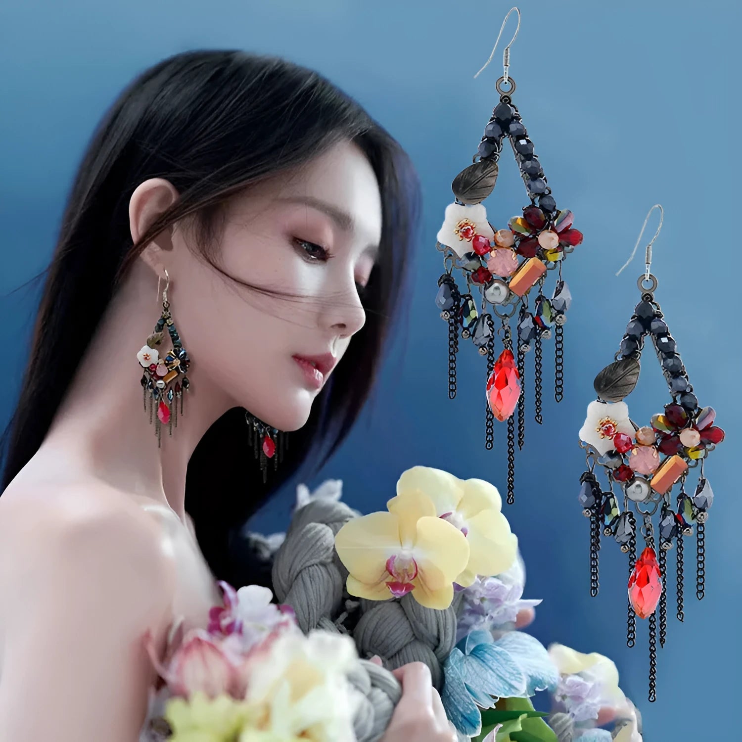 Retro bohemian ethnic style long exaggerated earrings with hand-woven artificial crystal and alloy in diamond shape