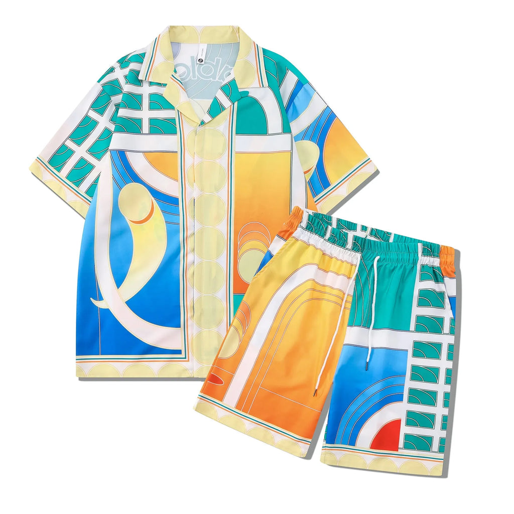 Plaid patterned beach outfit set with short sleeve shirt and matching trousers on a man