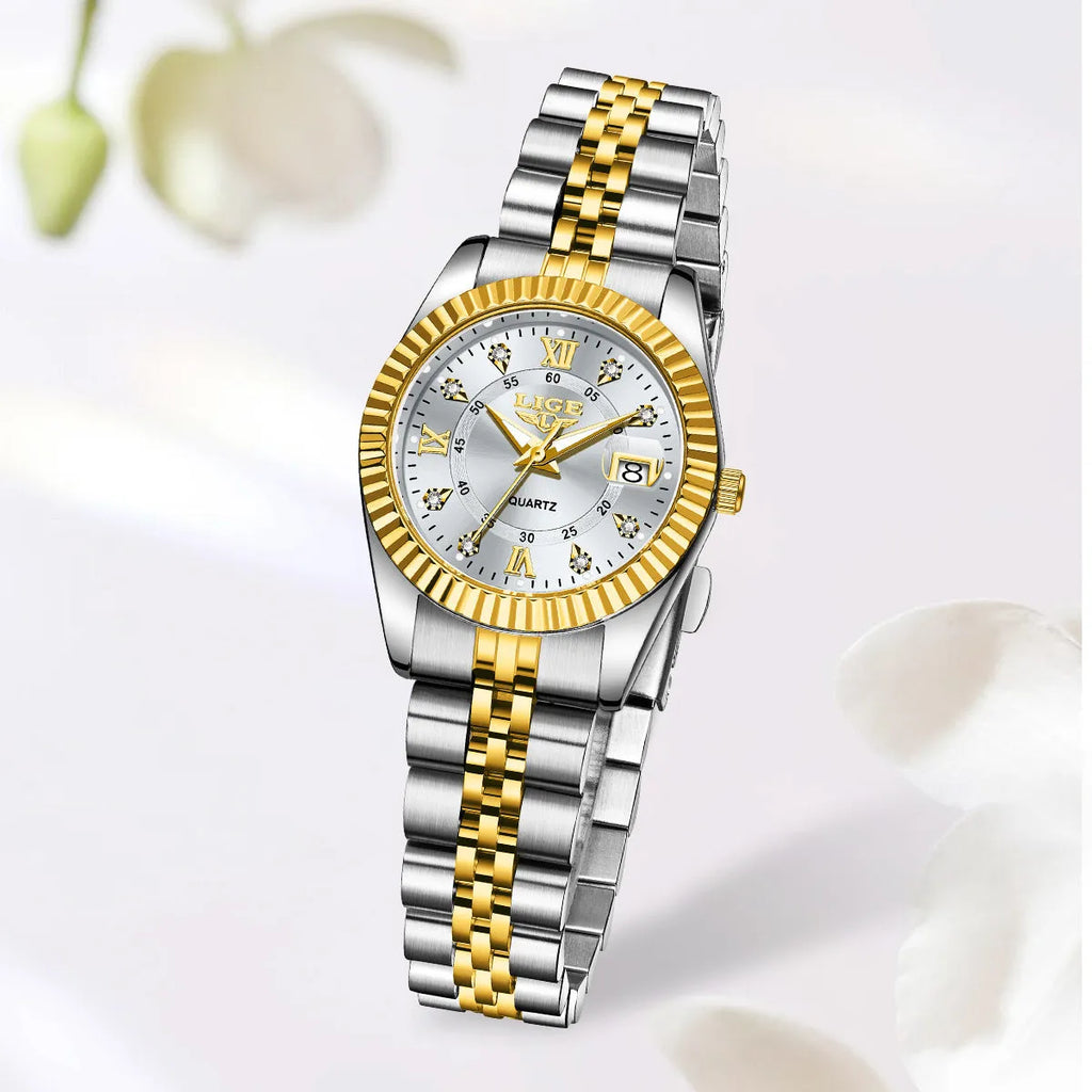 Women's waterproof quartz fashion watch with metallic case in gold or silver colour options