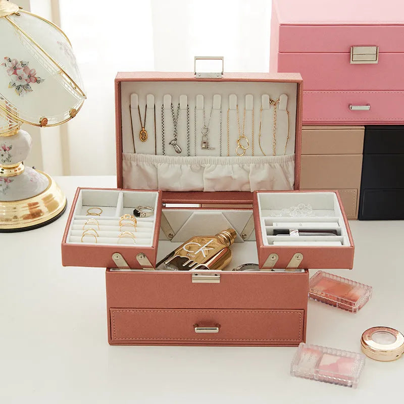 Hard-sided rectangular jewellery storage box in beige PU leather with lid closed