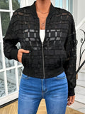 Black geometric pattern women's casual jacket with semi-transparent thread zipper