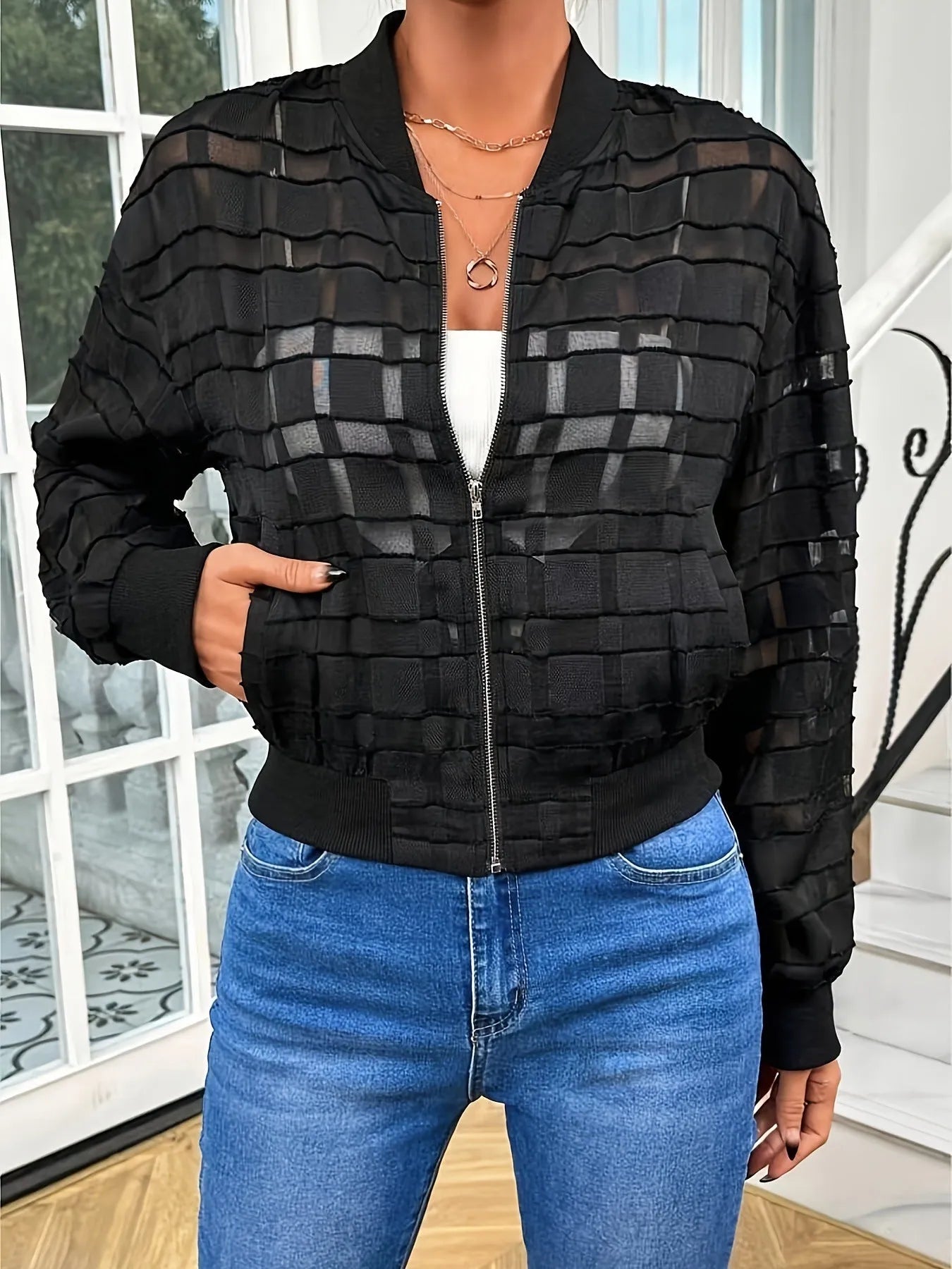 Black geometric pattern women's casual jacket with semi-transparent thread zipper