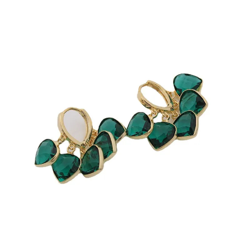 Green heart-shaped Korean style ear clip earrings with alloy gemstones and copper pendant