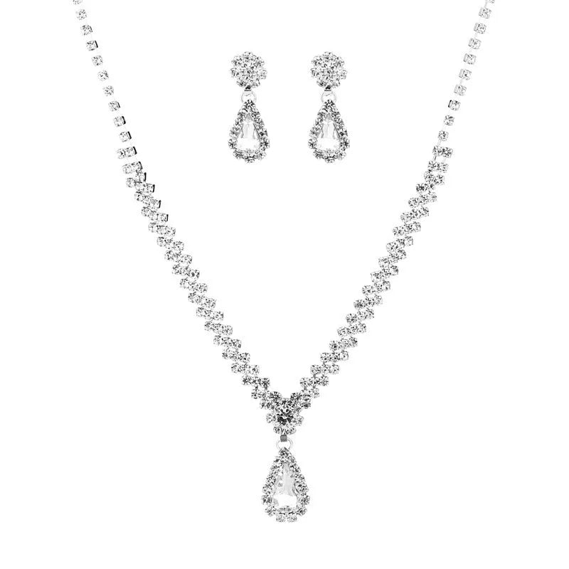 Claw chain rhinestone jewellery set with water drop shaped necklace and matching earrings in blue, green, pink, red, or white