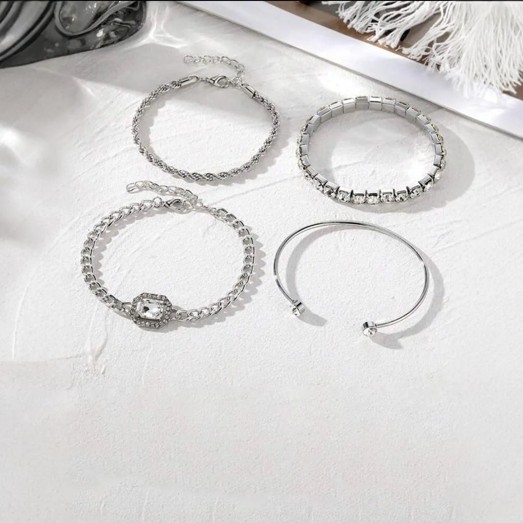 Women's retro geometric square diamond four-piece bracelet set in gold or silver alloy