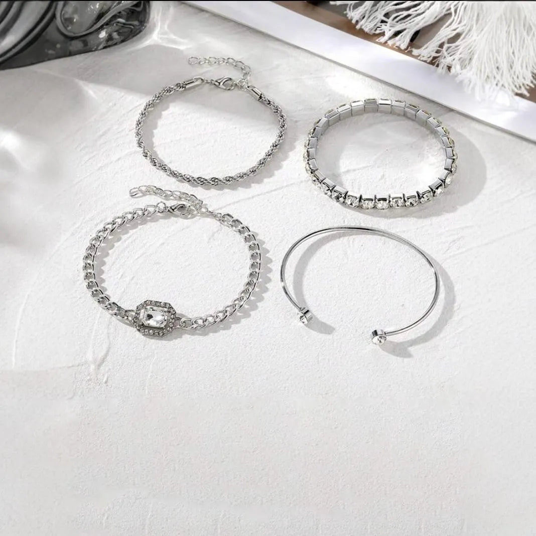 Women's retro geometric square diamond four-piece bracelet set in gold or silver alloy