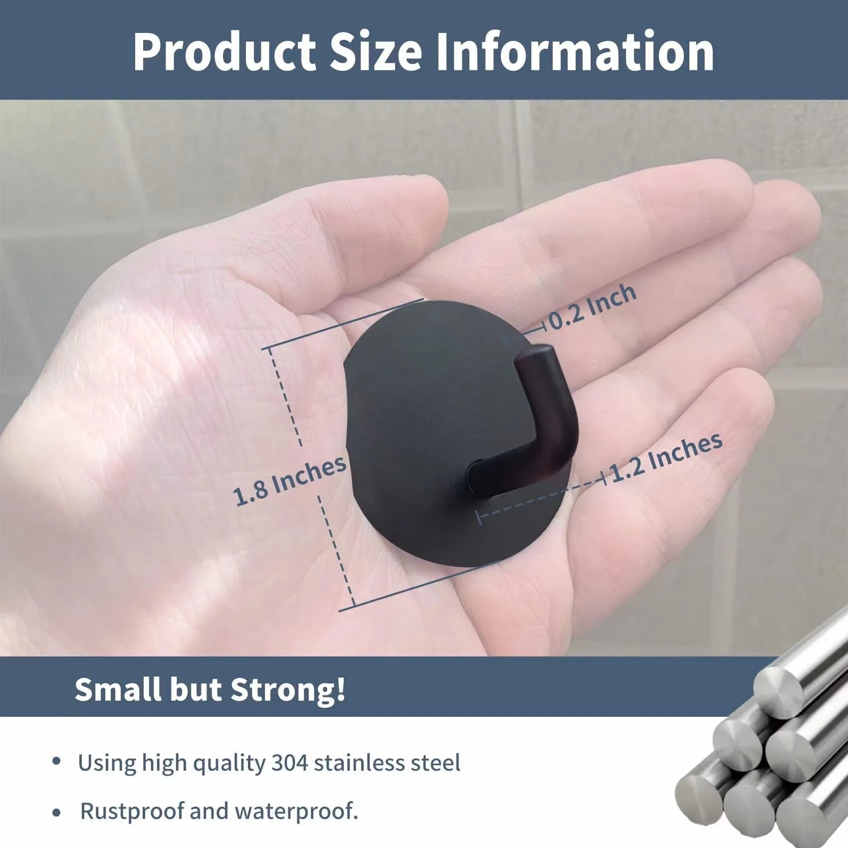 Two stainless steel self-adhesive hooks, one black and one sanded, shown against a surface.