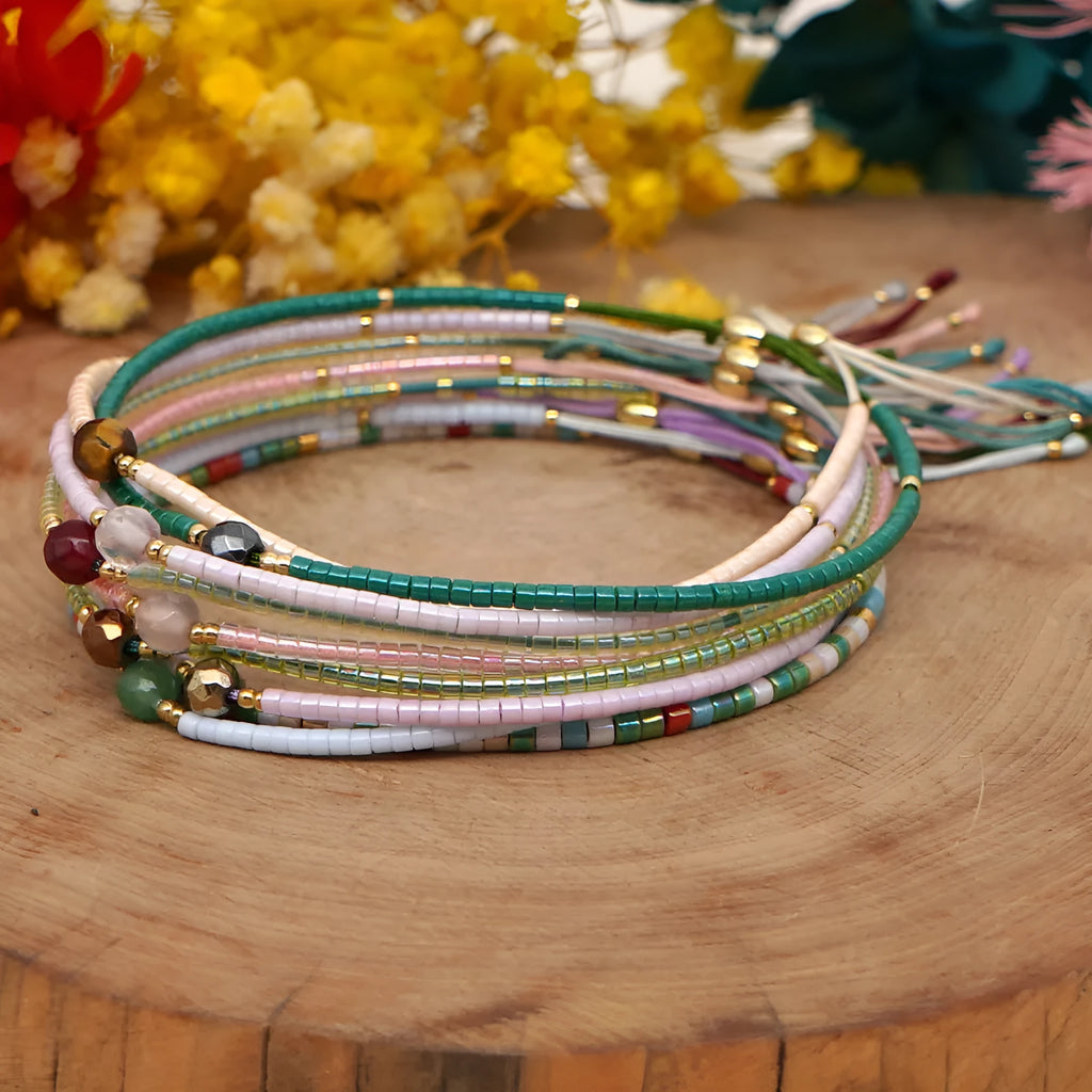 Bohemian style women's bracelet with semi-precious stone and colourful glass beads on adjustable fastening