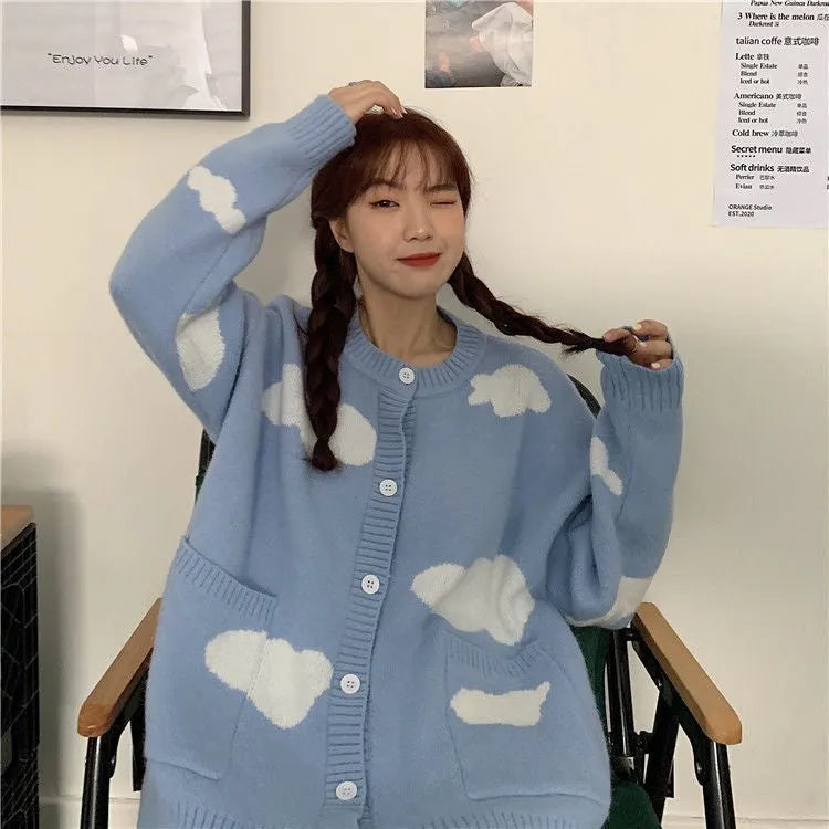 Blue women's cardigan with cloud pattern, loose fit, long sleeves