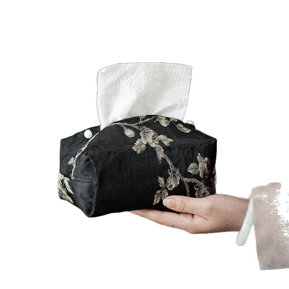 Chinese brocade fabric tissue box with embroidery white plum design, approximately 17cm x 6.5cm x 10cm