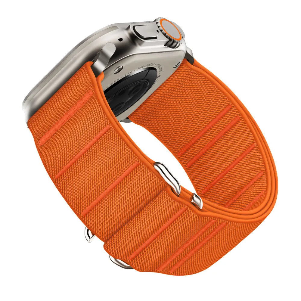 Elastic nylon sport loop strap with stainless steel buckle for Apple Watch, shown in multiple colour options.
