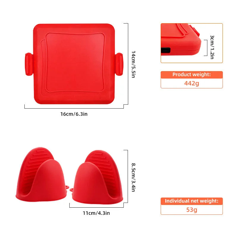 Red silicone baking tray with matching silicone heat-resistant gloves