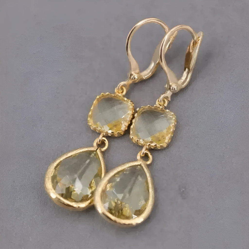 Gold retro geometric crystal fringe drop earrings with exaggerated length and water droplet elements