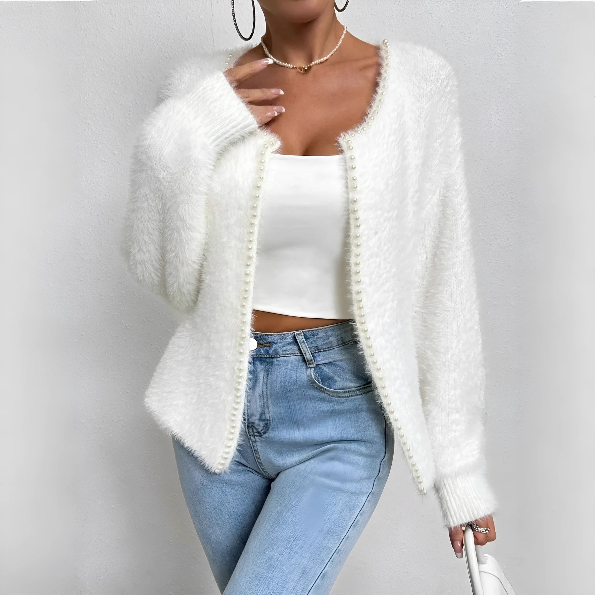 White women's V-neck cardigan with beaded knit detail and regular length