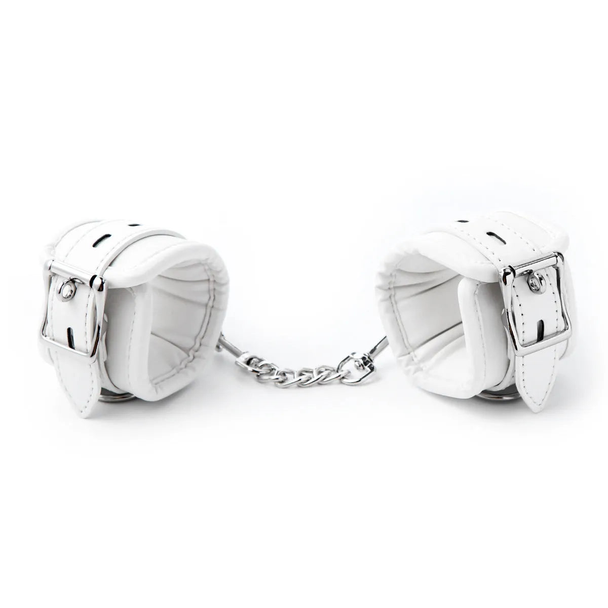 White PU sponge bondage ankle cuff and handcuff set with matching neck scarf on plain background