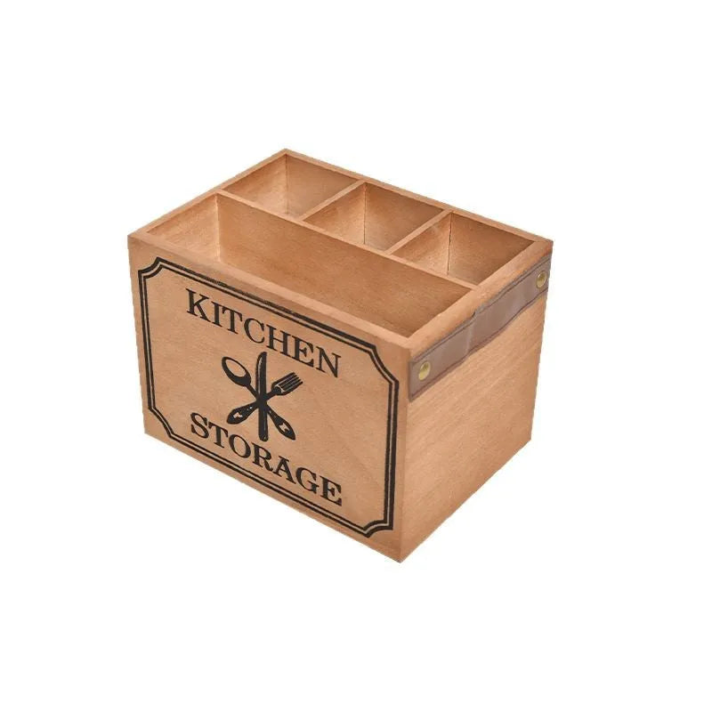 Wooden kitchen storage box with grid dividers for cutlery and chopsticks