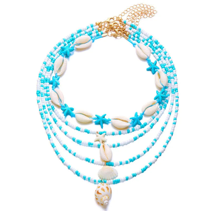 Women's five-piece shell bead necklace set with adjustable length showing blue and coloured variants
