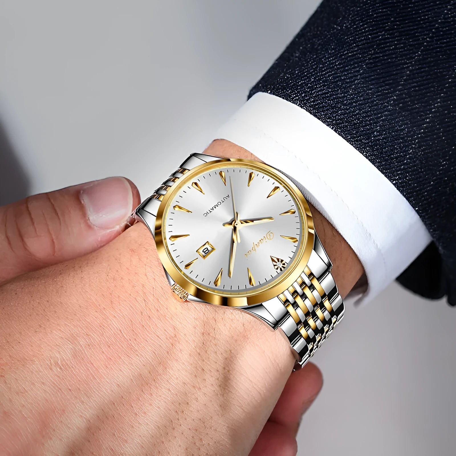 Men's automatic mechanical watch with stainless steel case and simple dial in multiple colour options