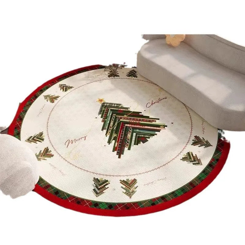 Round red Christmas-themed polyester floor mat with non-slip base on a wooden living room floor.