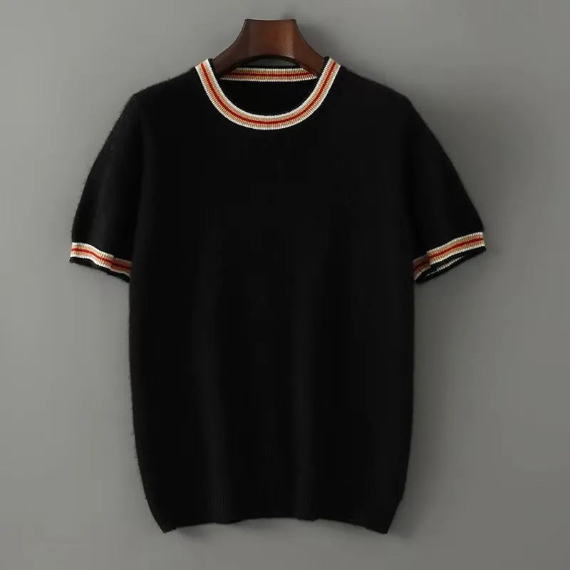 Men's grey pure wool short sleeve round neck sweater laid flat showing pullover design
