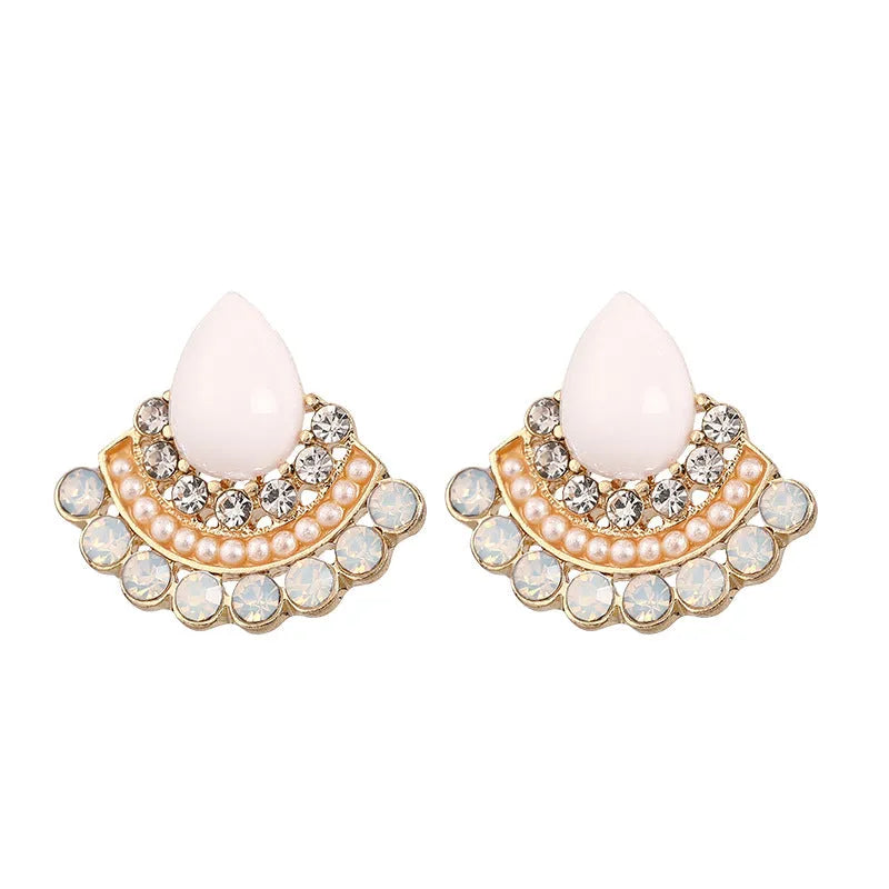 Women's retro fan-shaped geometric silver earrings with rhinestone accents on alloy construction