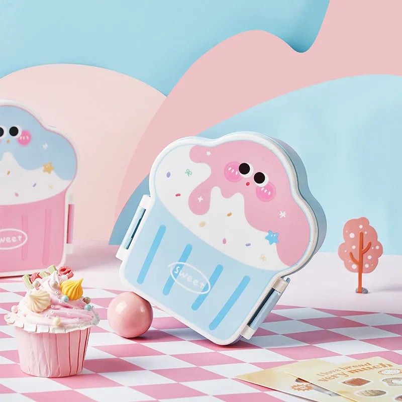 Blue and pink ice cream shaped plastic lunch box with spoon and fork set