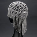 Handmade belly dance hat with beaded alloy construction and tassels in black or silver