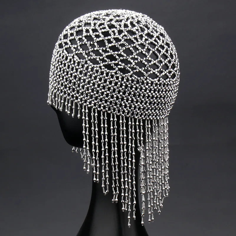 Handmade belly dance hat with beaded alloy construction and tassels in black or silver