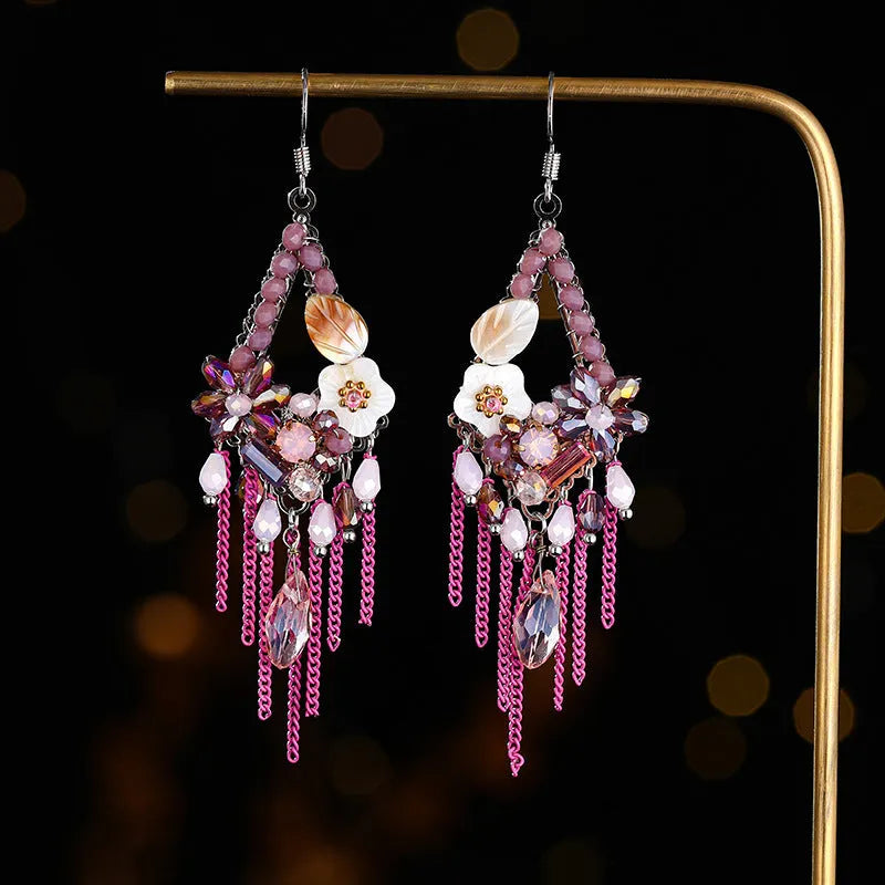 Retro bohemian ethnic style long exaggerated earrings with hand-woven artificial crystal and alloy in diamond shape