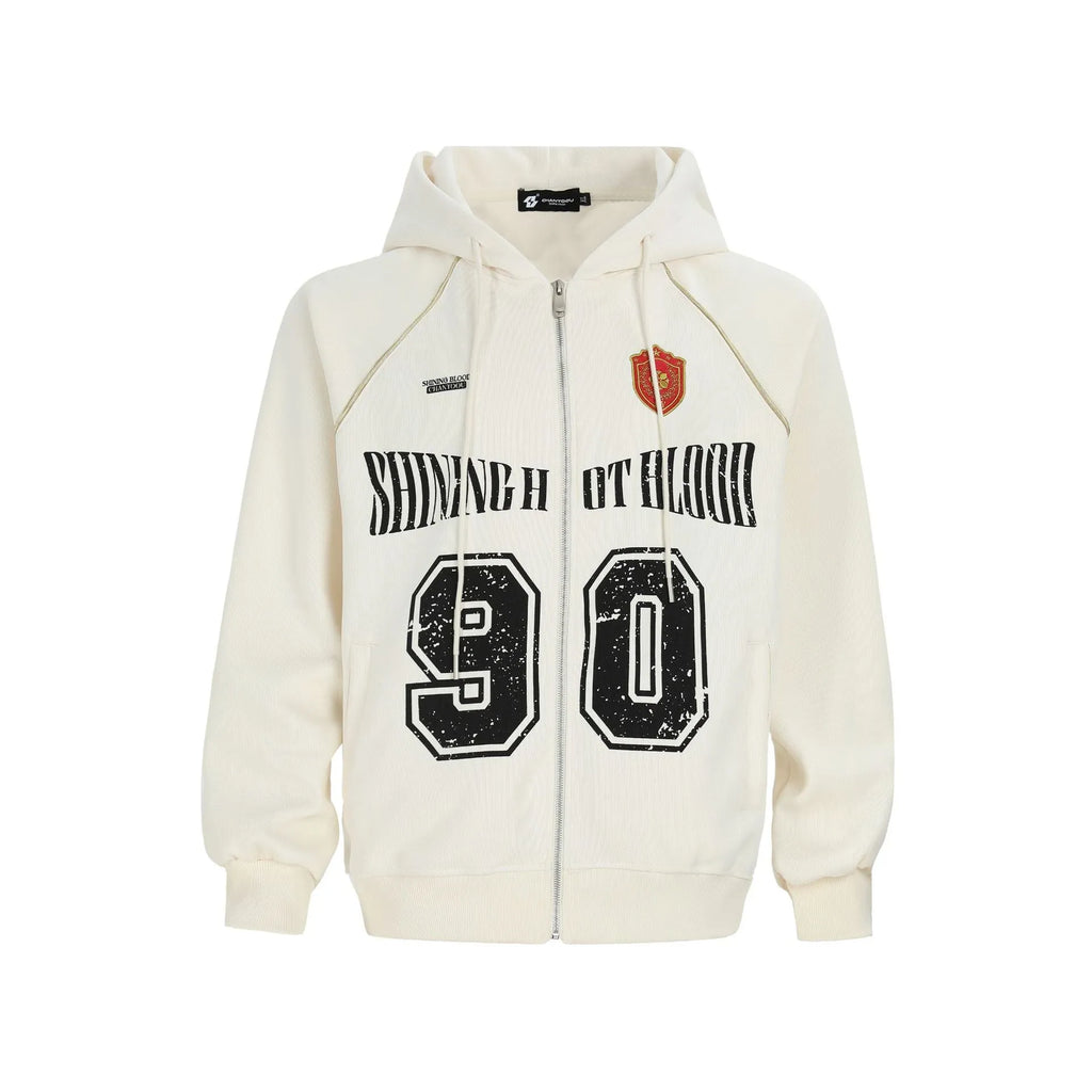 Women's loose red American retro jacket with white letter embroidery on front, hood up.