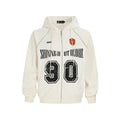 Women's loose red American retro jacket with white letter embroidery on front, hood up.
