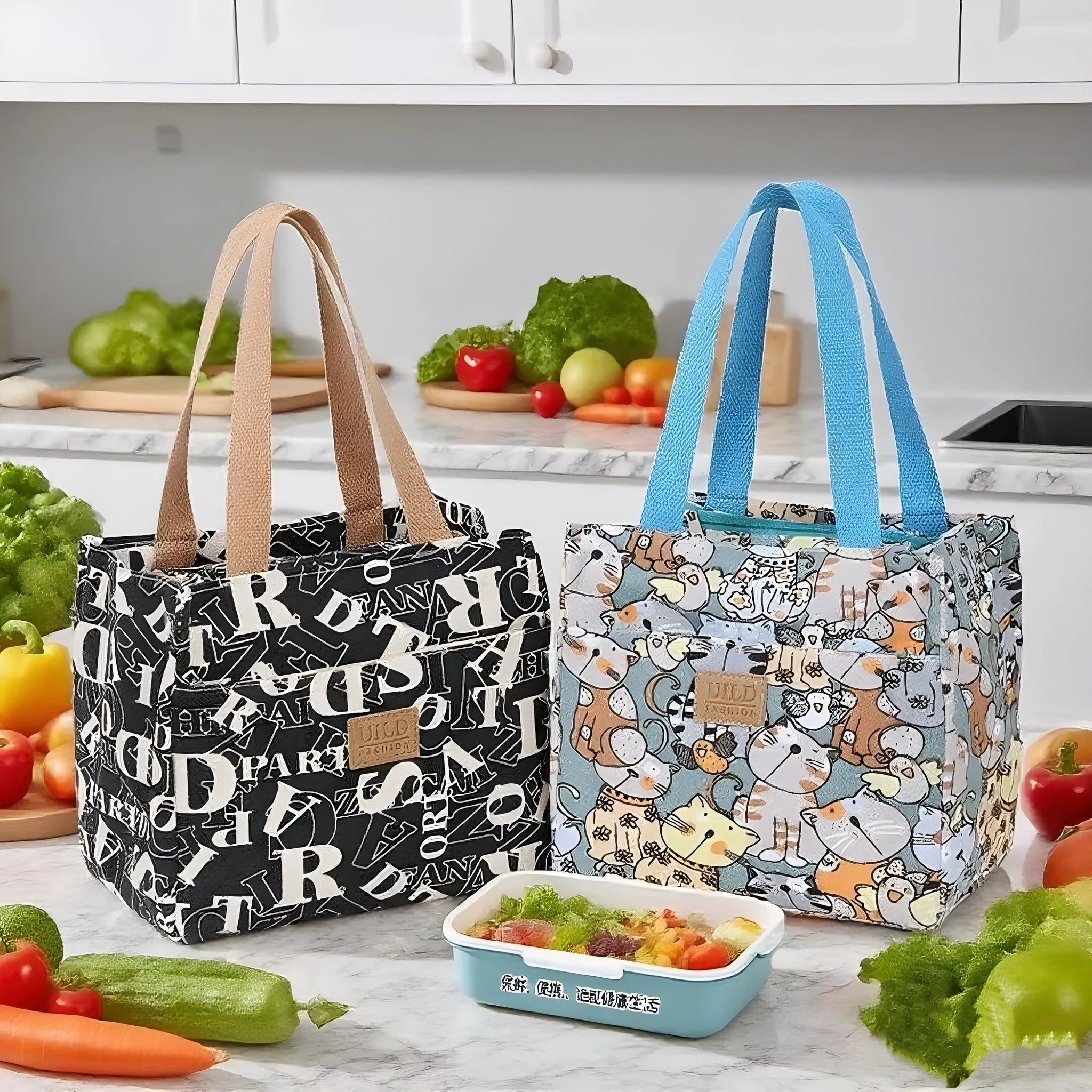 Women's printed canvas bag with flower patterns, thickened aluminium handles, and horizontal square shape