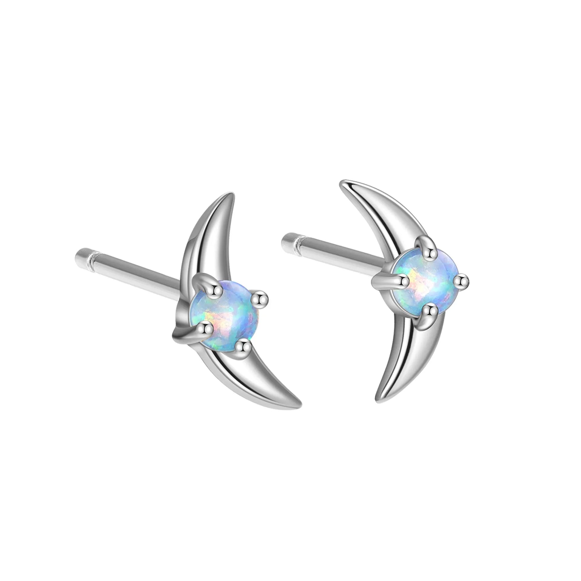 Close-up of women's geometric earrings in 925 silver with electroplated finish and a blue crystal stone.