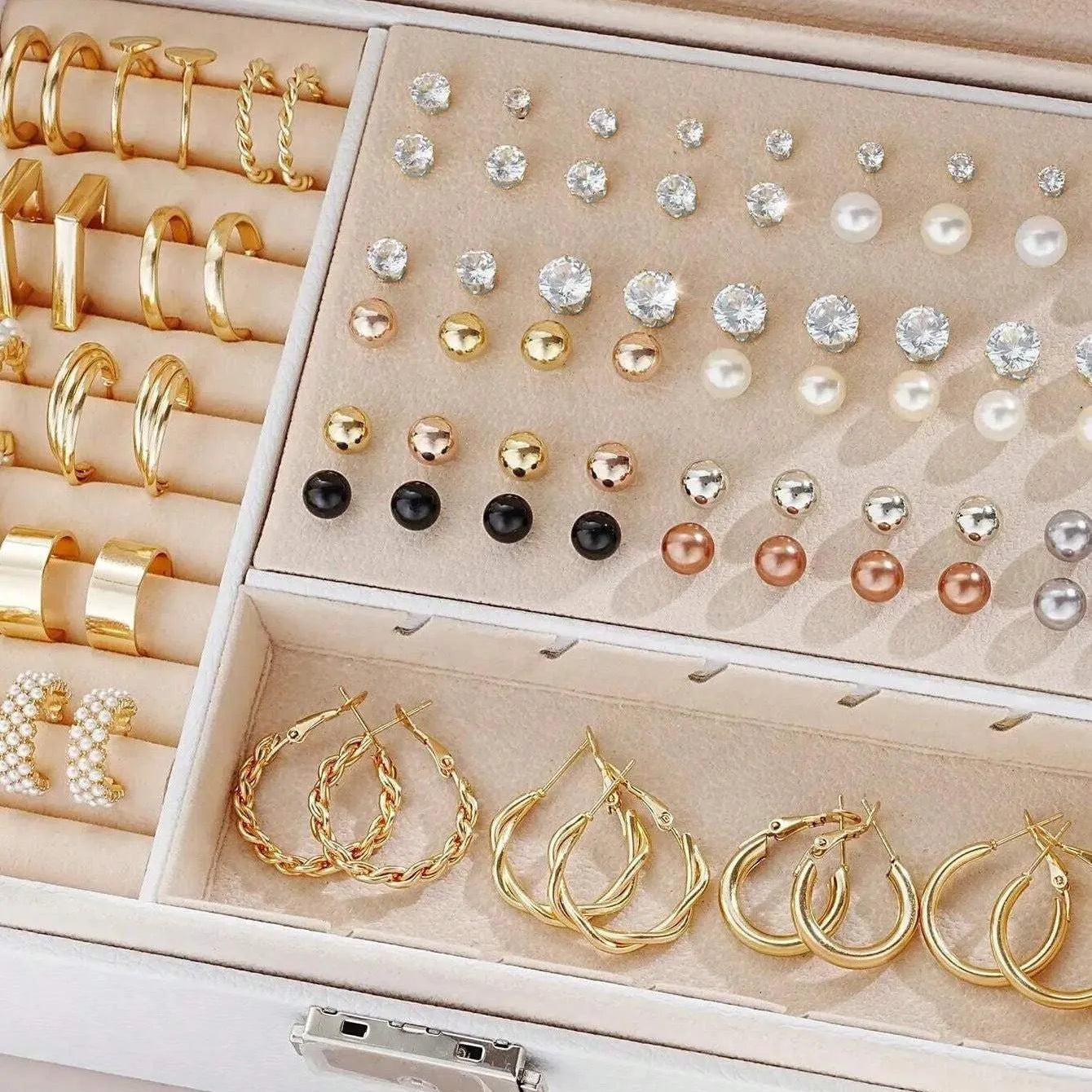 108 gold and yellow alloy geometric pearl earrings set for women displayed together.