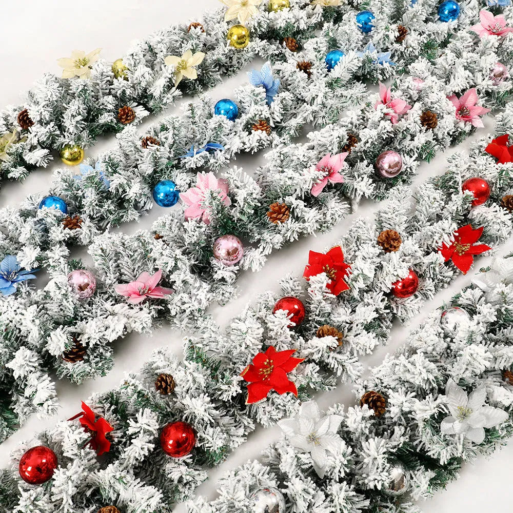 American-style flexible PVC Christmas rattan garland with flocked detailing in one of five colour options.