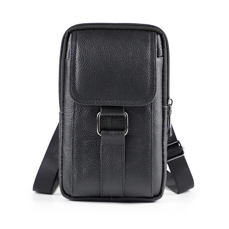 Men's vertical square crossbody waist bag in genuine composite cowhide with lock closure and coin pocket