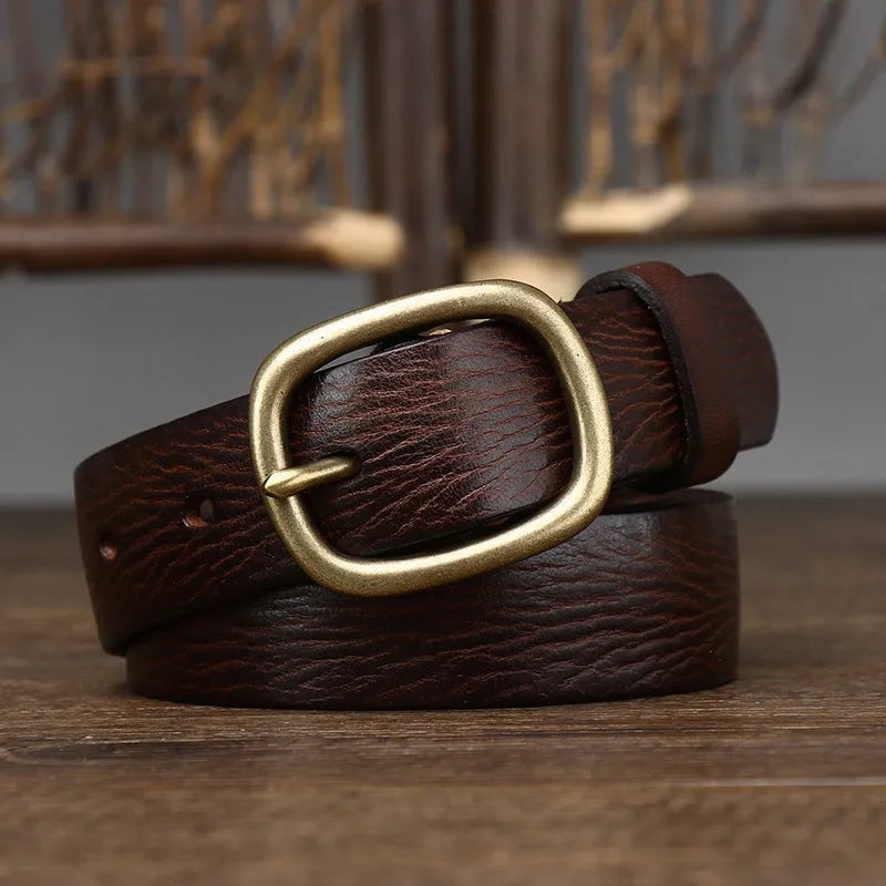 Handmade vintage copper buckle genuine leather belt in brown, 2.8cm wide, with pin buckle fastening on a neutral background